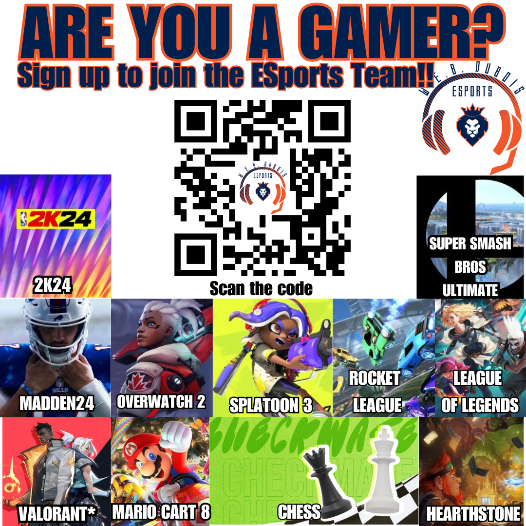 Are you a gamer? Sign up to join the Esports Team! Q.R. Code. Call 485-7600 to join.