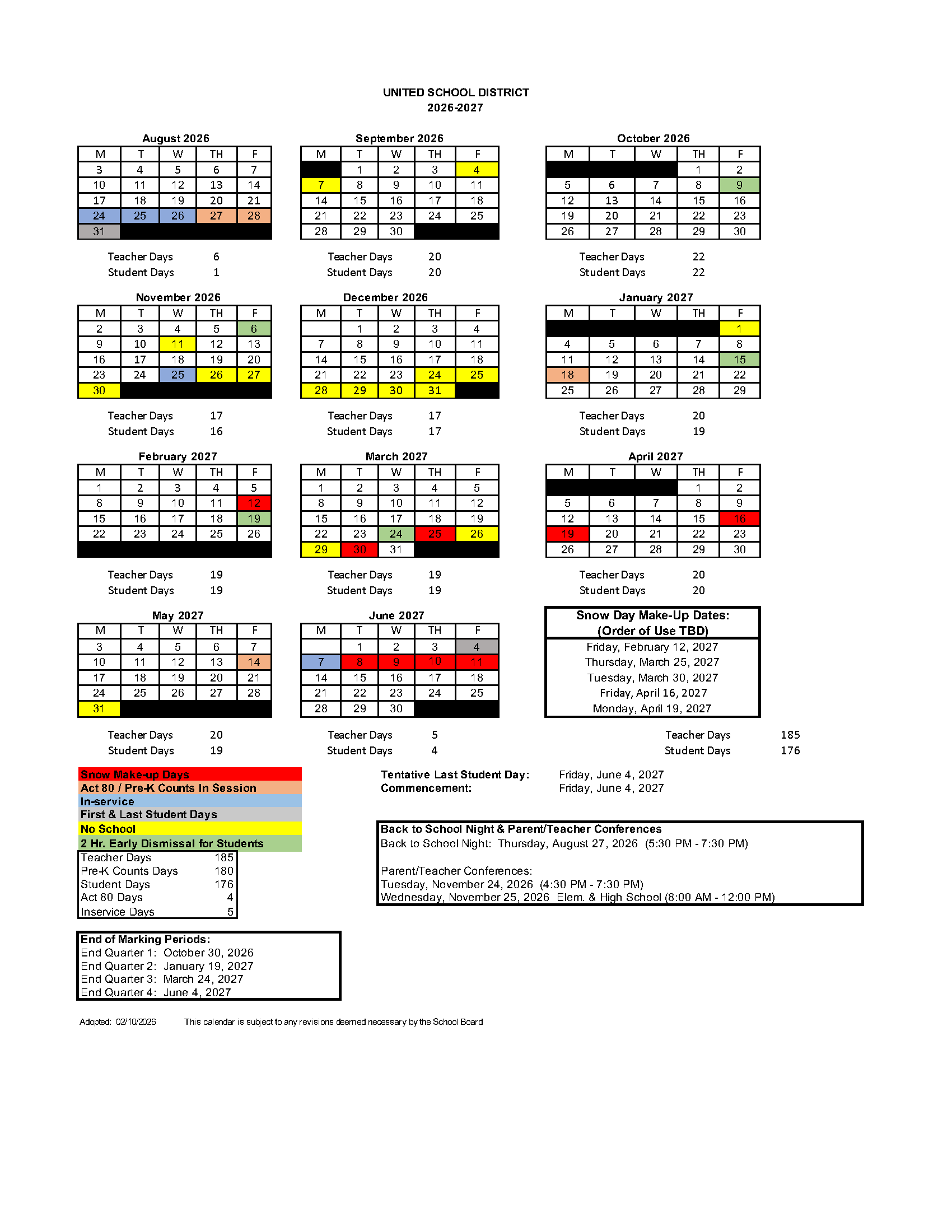 2026-2027 USD School Calendar pg.1