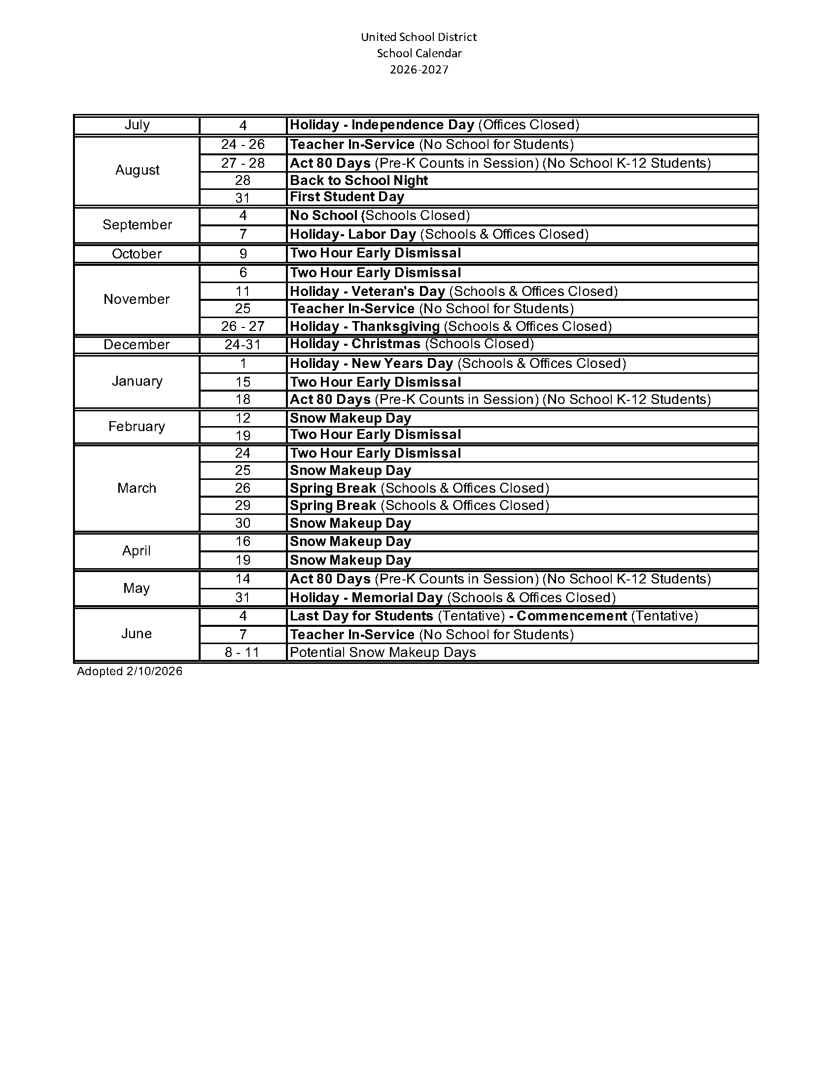 2026-2027 USD School Calendar pg.2