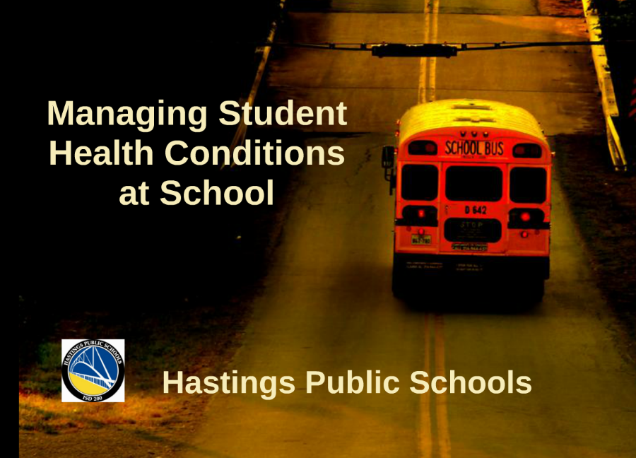 photo of a school bus with the words Managing Student Health Conditions at School