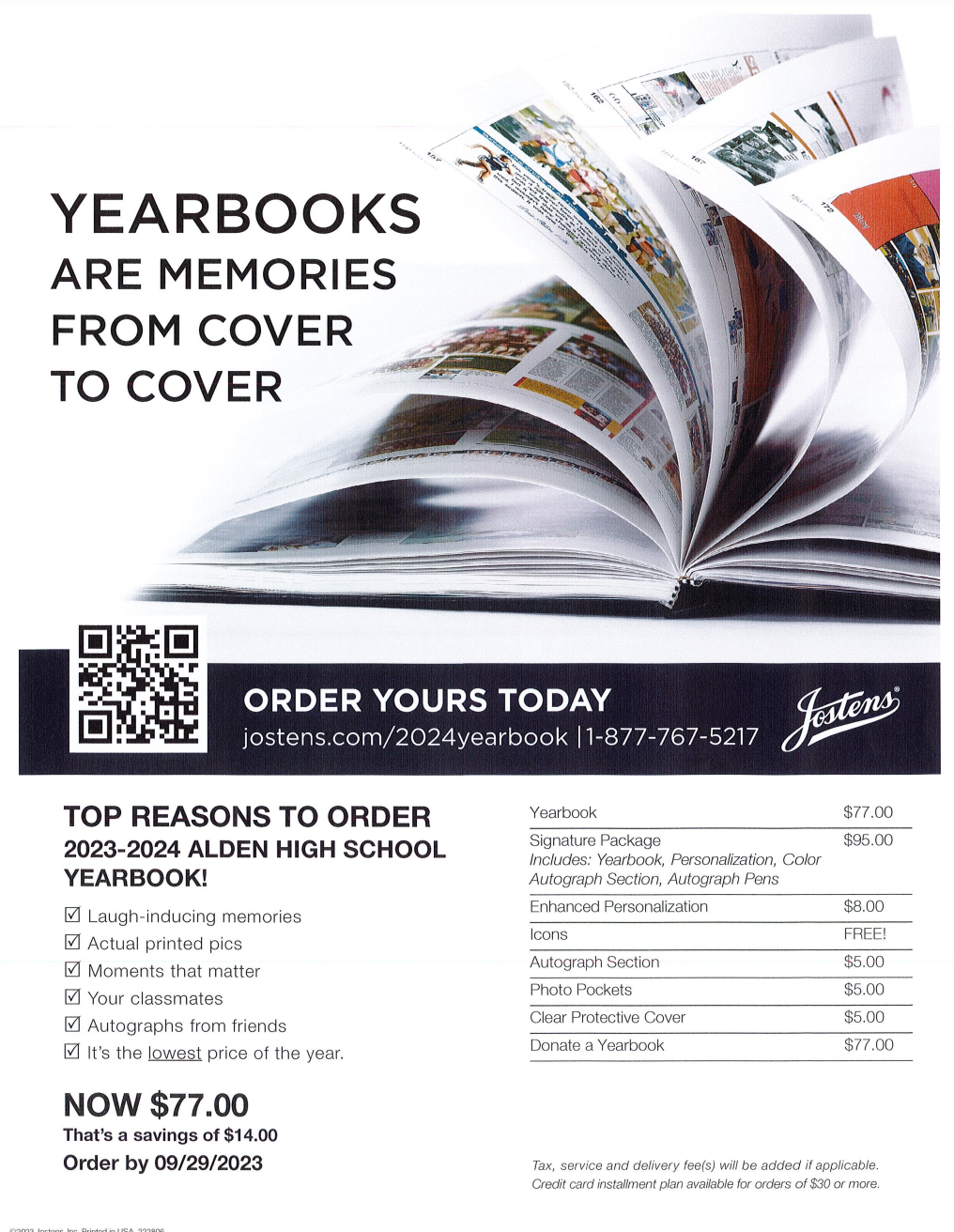 An advertisement for ordering 2023-2024 Alden High School yearbooks, featuring an image of an open yearbook with pages flipping and details on pricing and ordering information