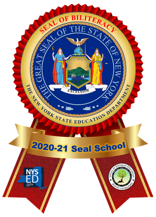 A red and gold seal of biliteracy awarded by the New York State Education Department for the 2020-21 academic year, featuring the great seal of the state of New York and a ribbon indicating it is a Seal School.