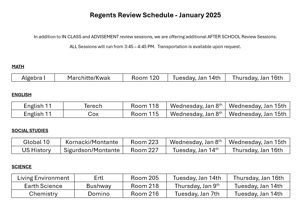 Regents Exam Review Session Information