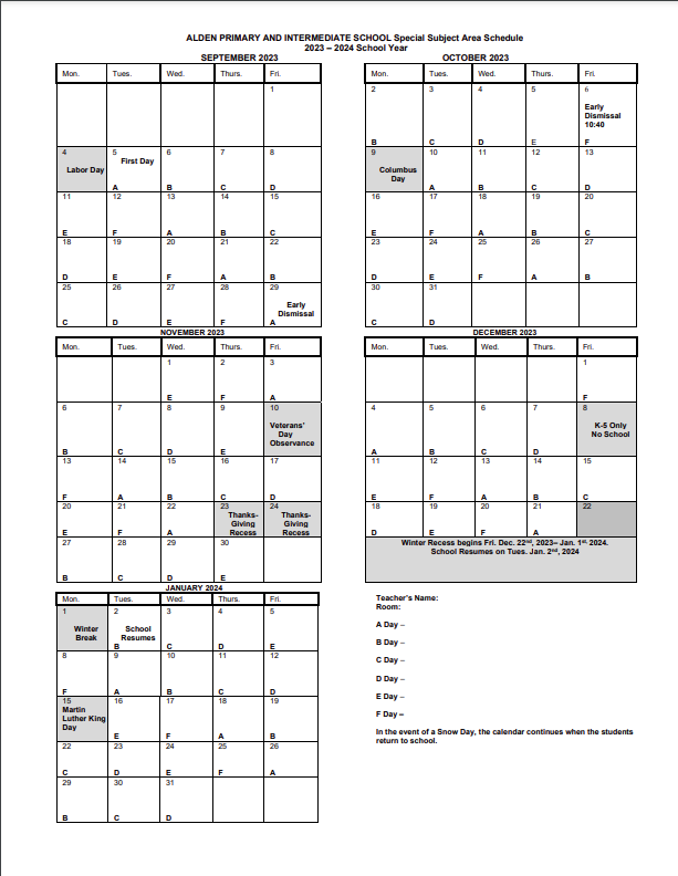 "Calendar for the Alden Primary and Intermediate School special subject area schedule for the 2023-2024 school year. The calendar includes dates, days of the week, and special subject areas."