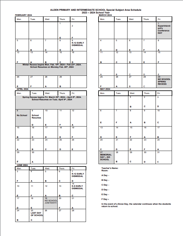"Calendar schedule from Alden Primary and Intermediate School Special Subject Area Schedule for February to June of the 2023-2024 school year. It highlights important dates including Superintendent's Conference Day, Spring Recess, No School for Memorial Day, and Last Day of School."