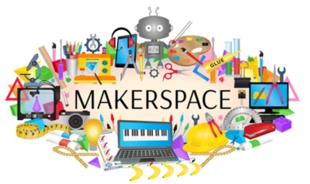 "Makerspace logo surrounded by various crafting and building materials, including glue, wire, gears, paint brushes, and a screwdriver. This represents the variety of tools and materials available at a makerspace."