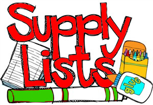 A handwritten list titled "Supply" on lined paper. The list includes several school supplies, including glue, markers, and crayons.