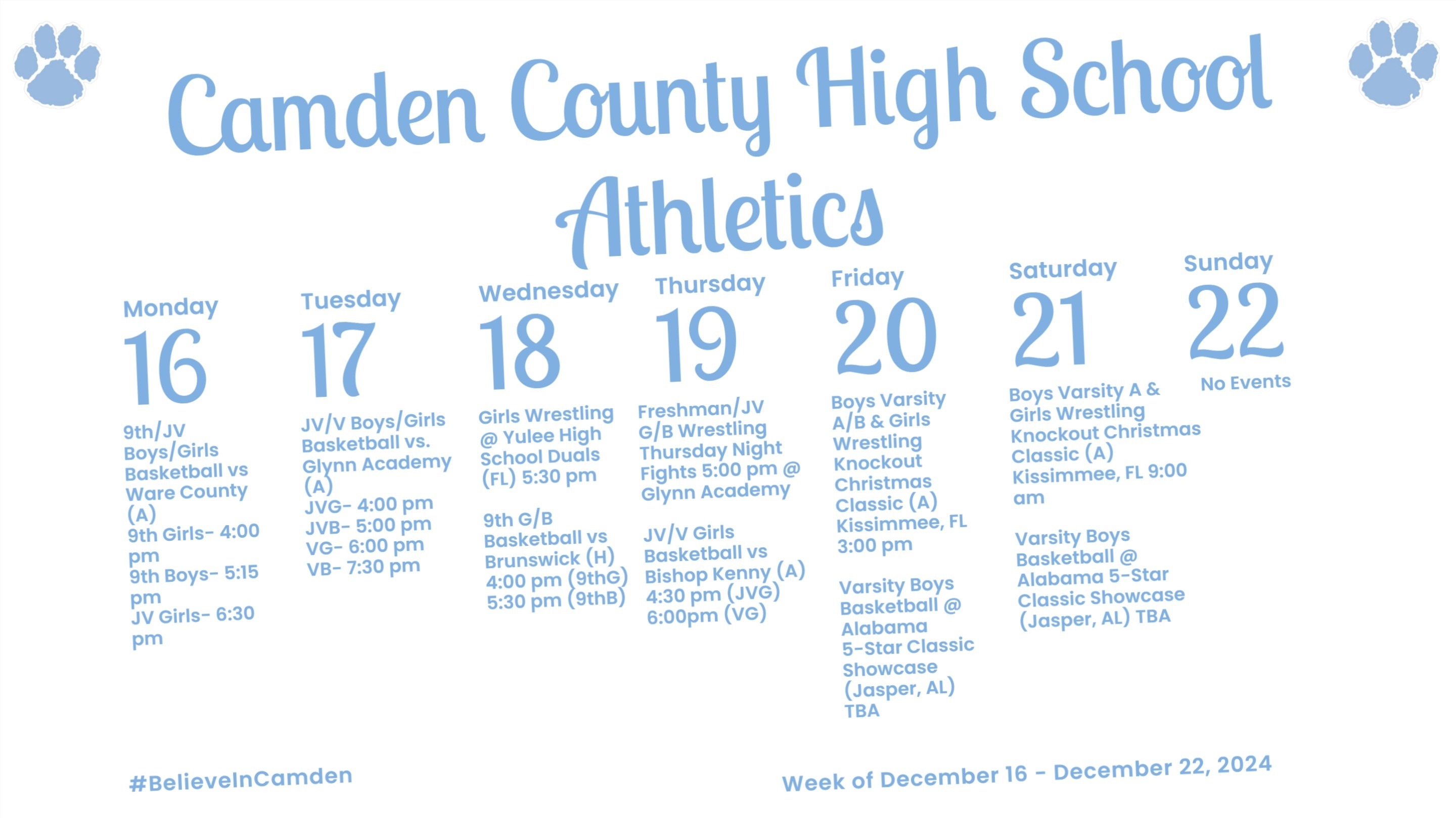 CCHS weekly athletics calendar