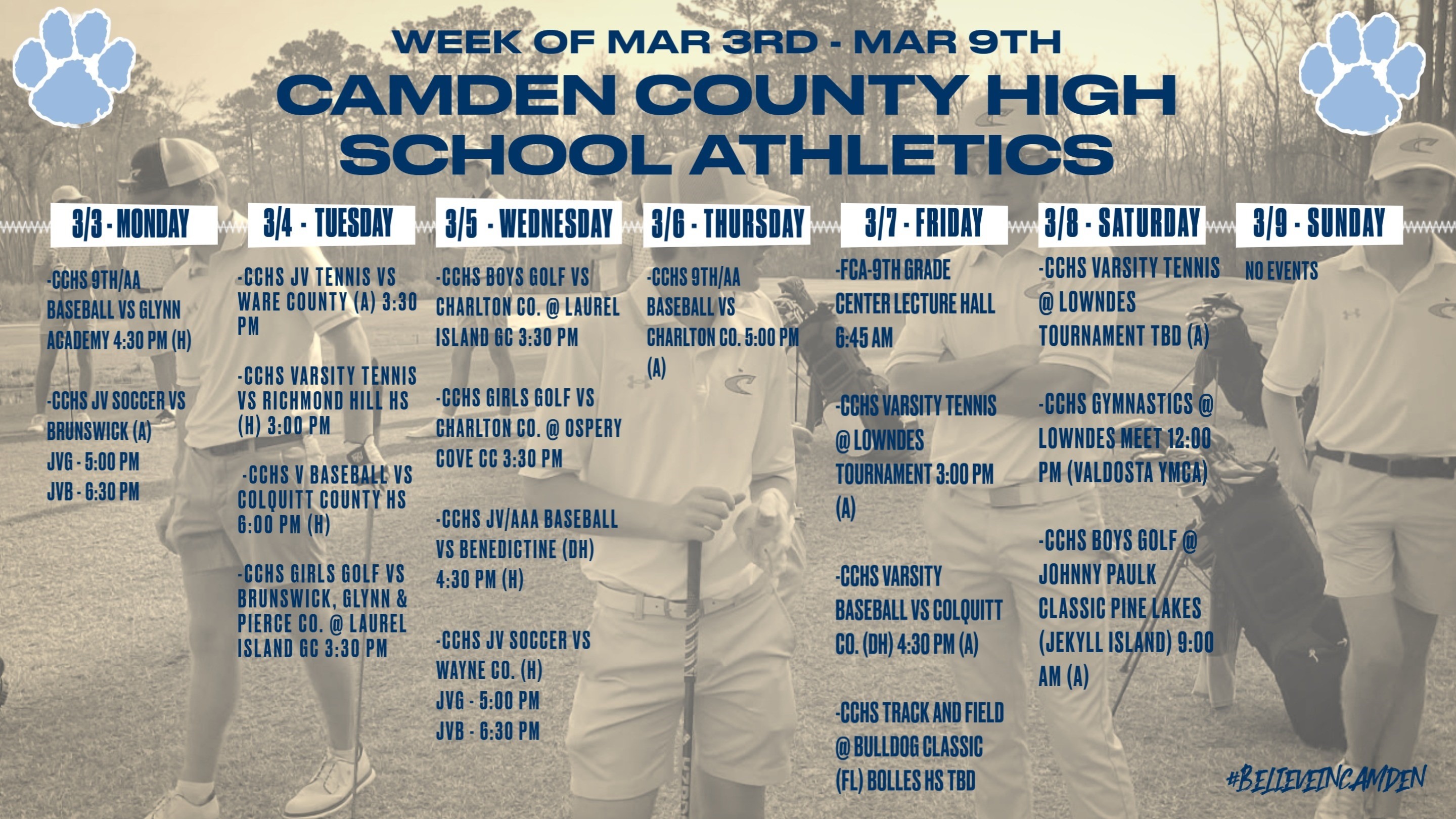 CCHS weekly athletics calendar