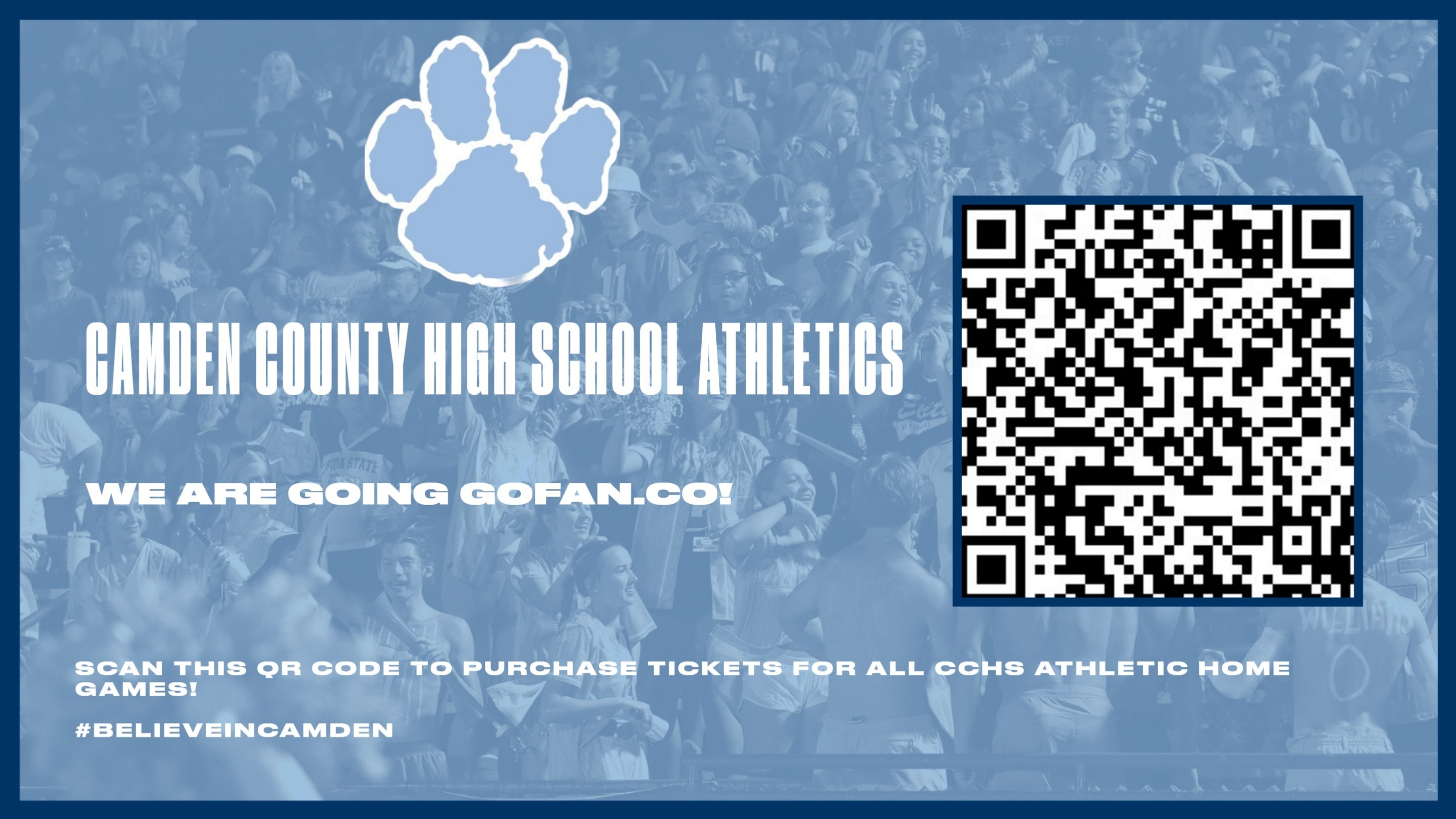 CAMDEN COUNTY HIGH SCHOOL ATHLETICS: SCAN THIS QR CODE TO PURCHASE TICKETS TO ALL CAMDEN COUNTY HIGH SCHOOL ATHLETIC HOME GAMES.