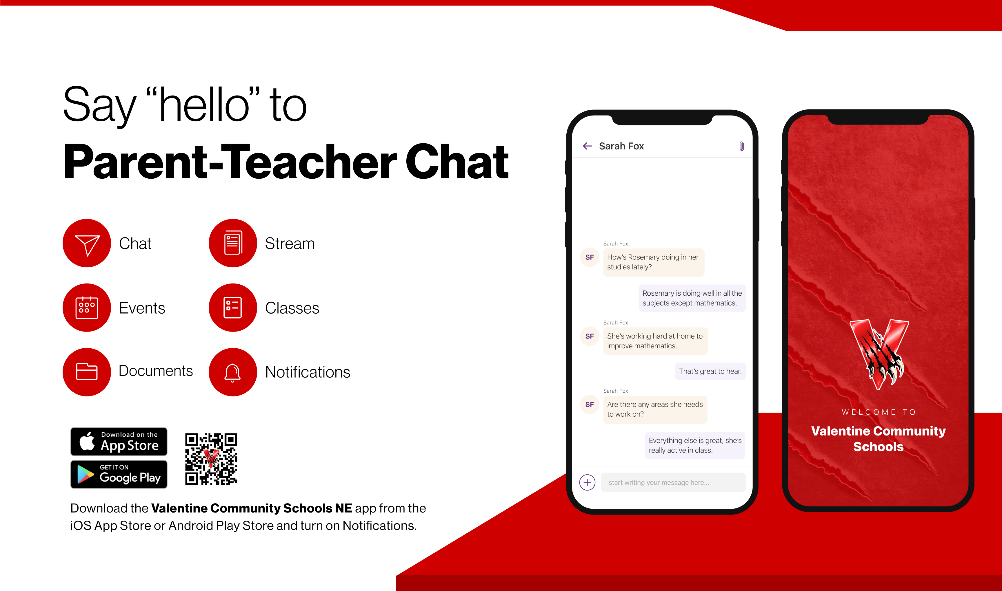 Say hello to Parent-Teacher chat in the new Rooms app. Download the Valentine Community School app in the Google Play or Apple App store.