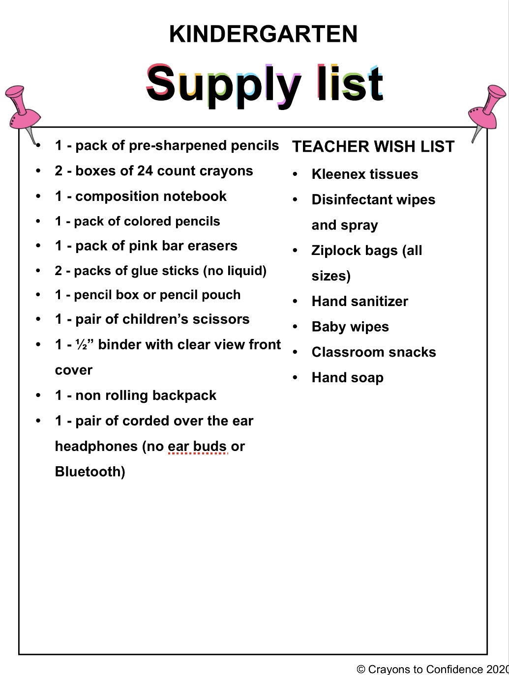 School Supply Lists per grade