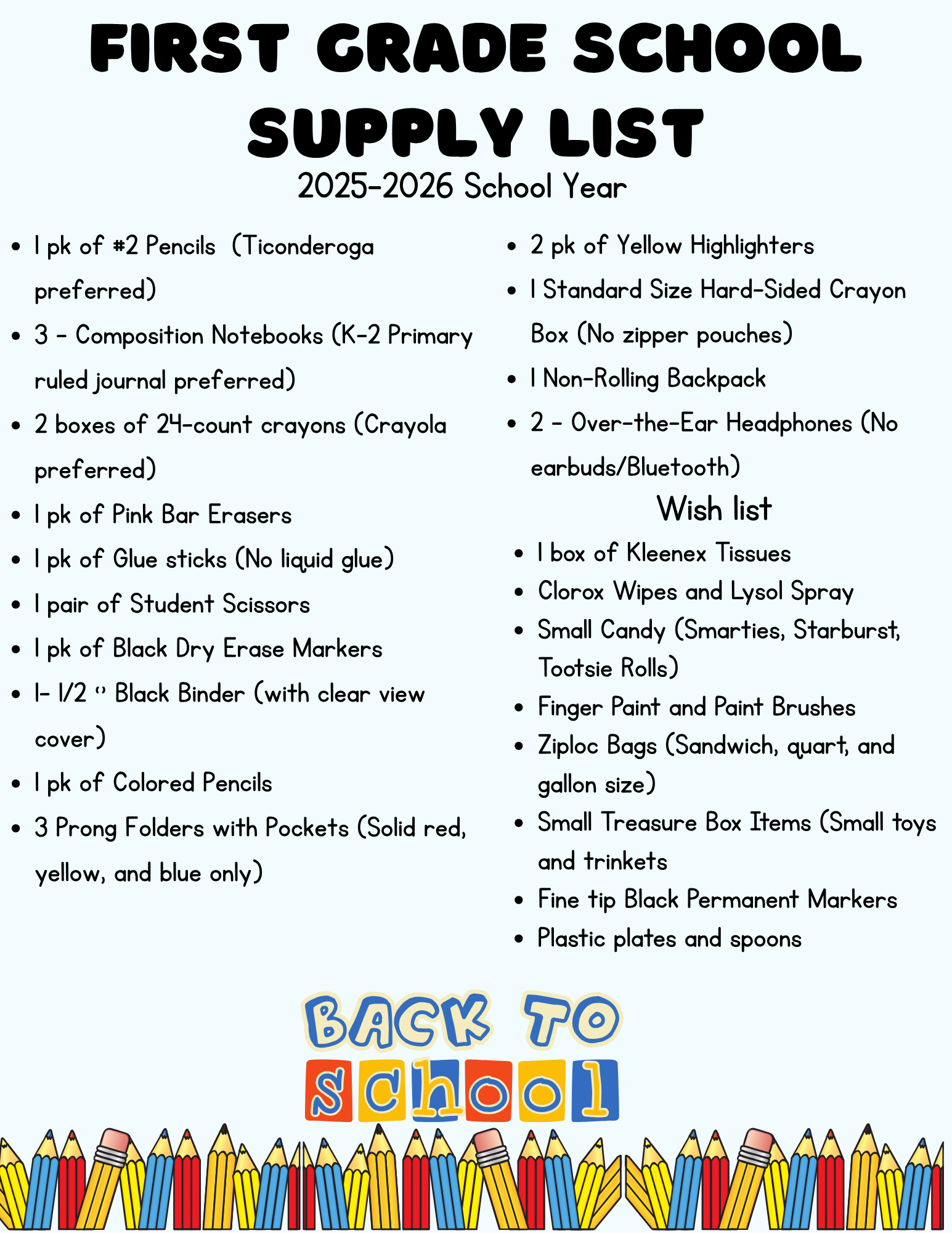 School Supply Lists per grade