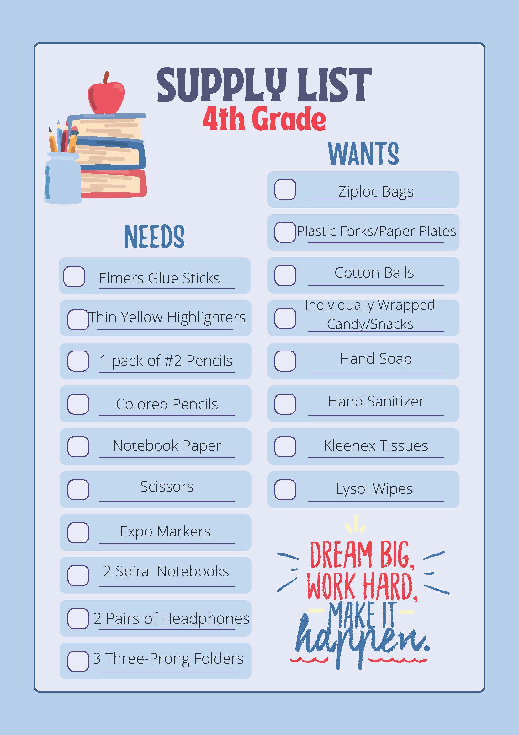 School Supply Lists per grade