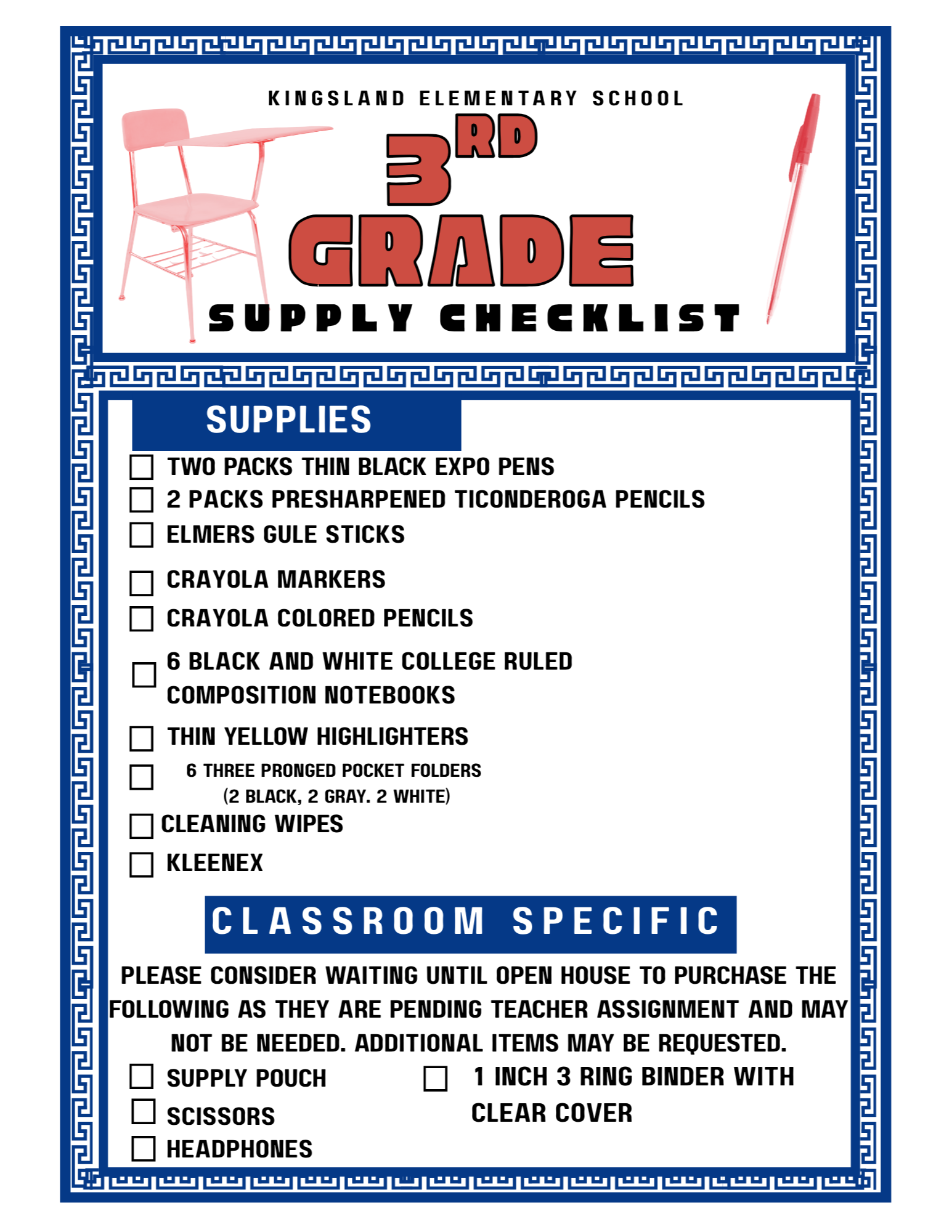 School Supply Lists per grade