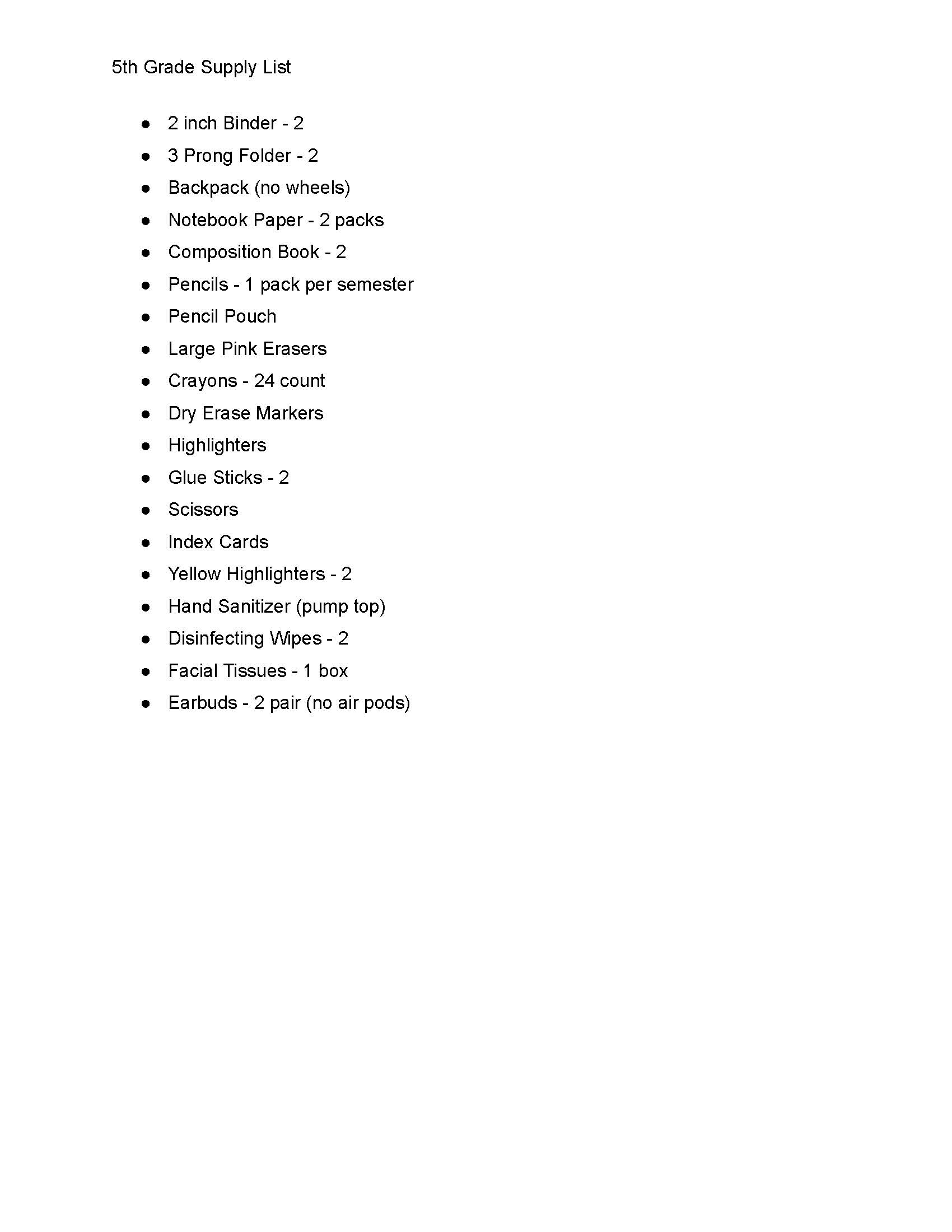 School Supply Lists per grade