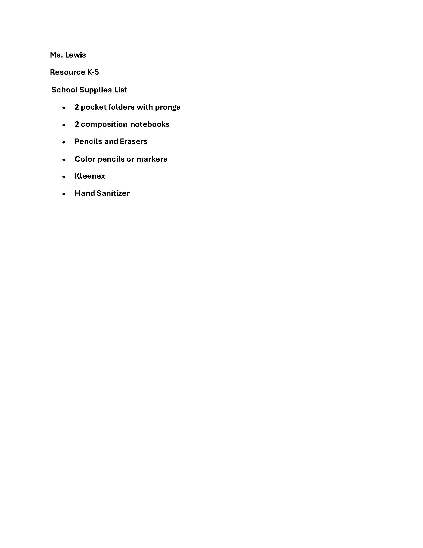 School Supply Lists per grade