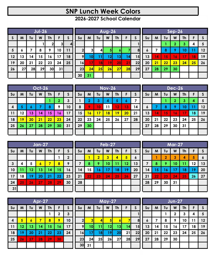 Calendar with color code for menus