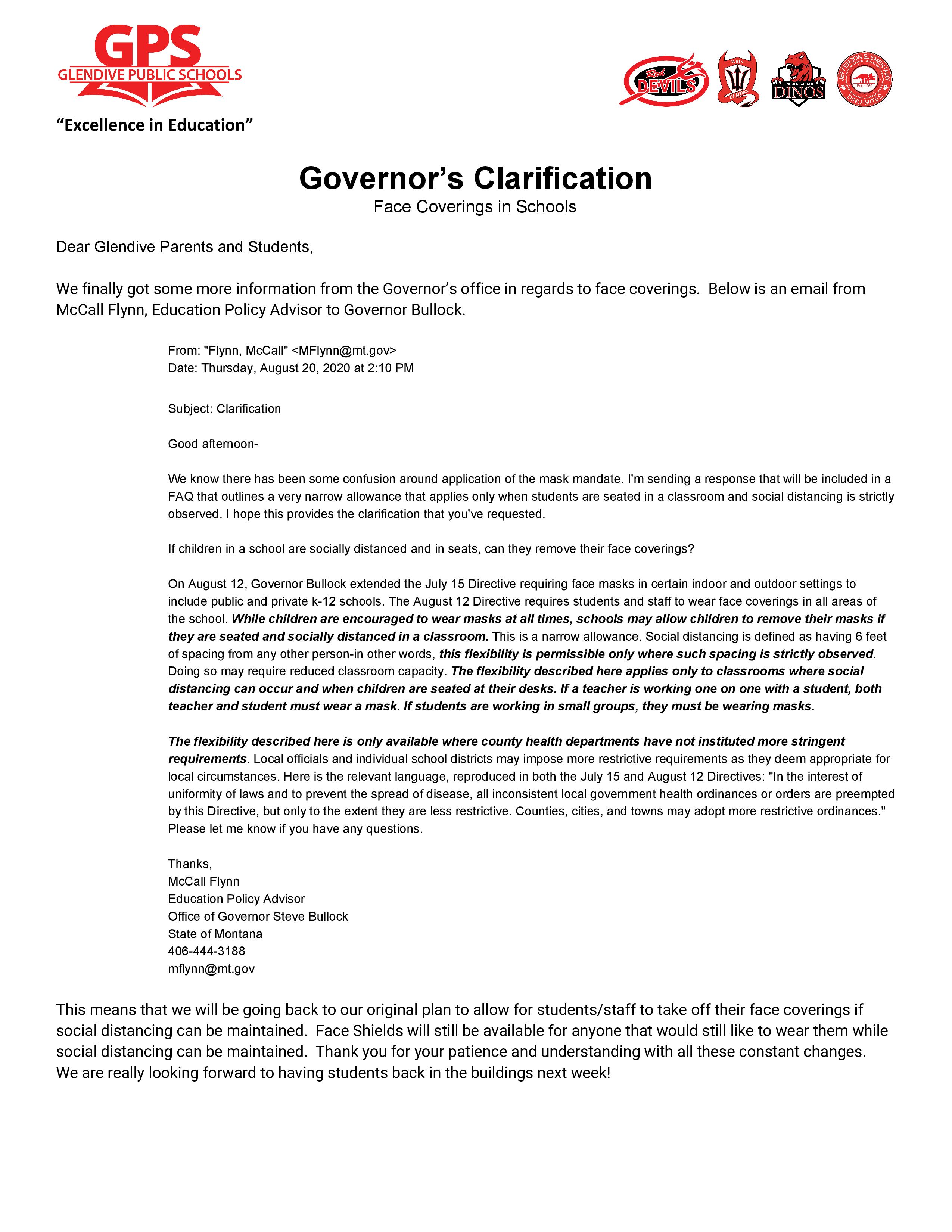 Governor's Clarification