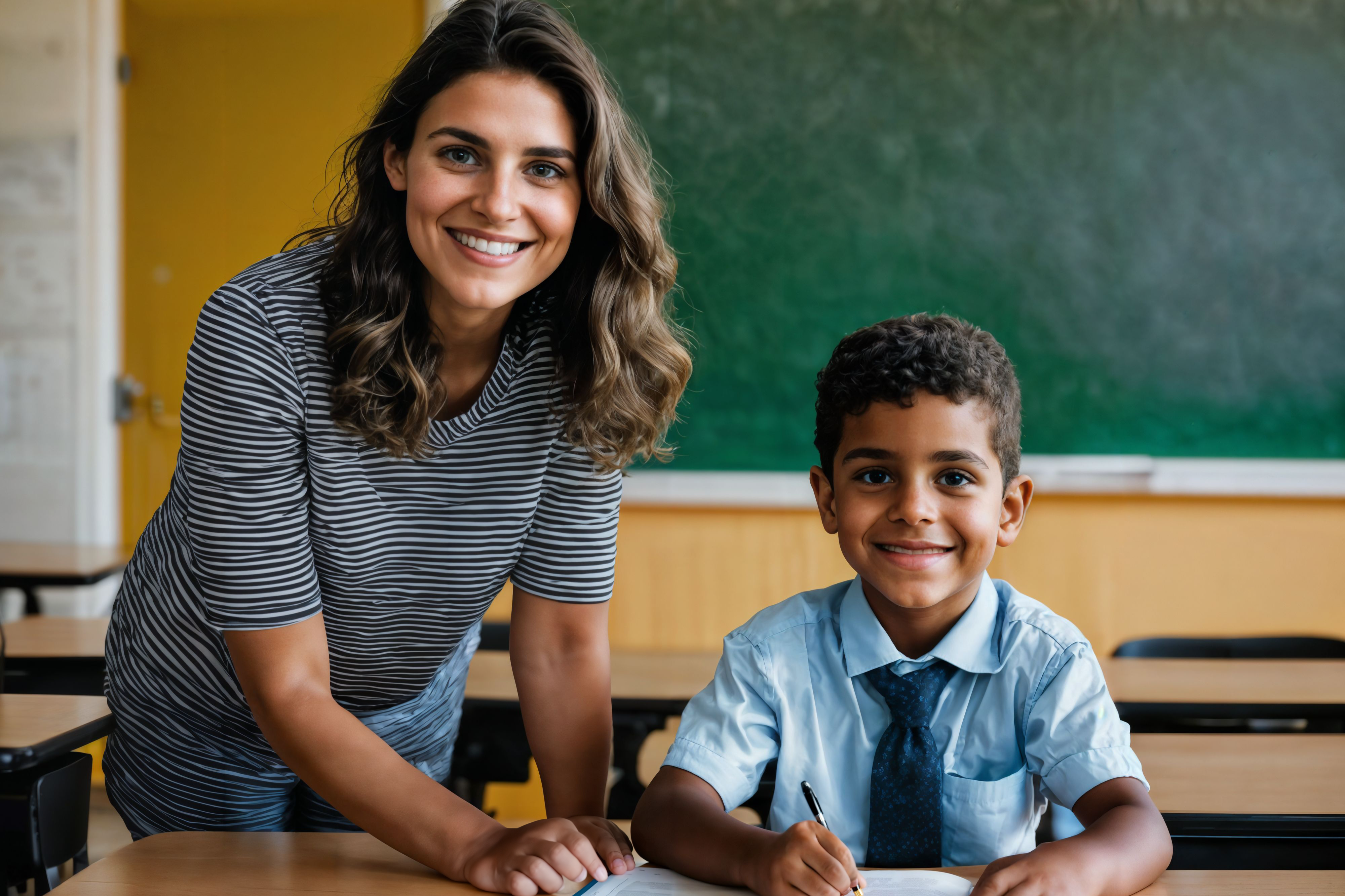 teacher and student smiling at camera