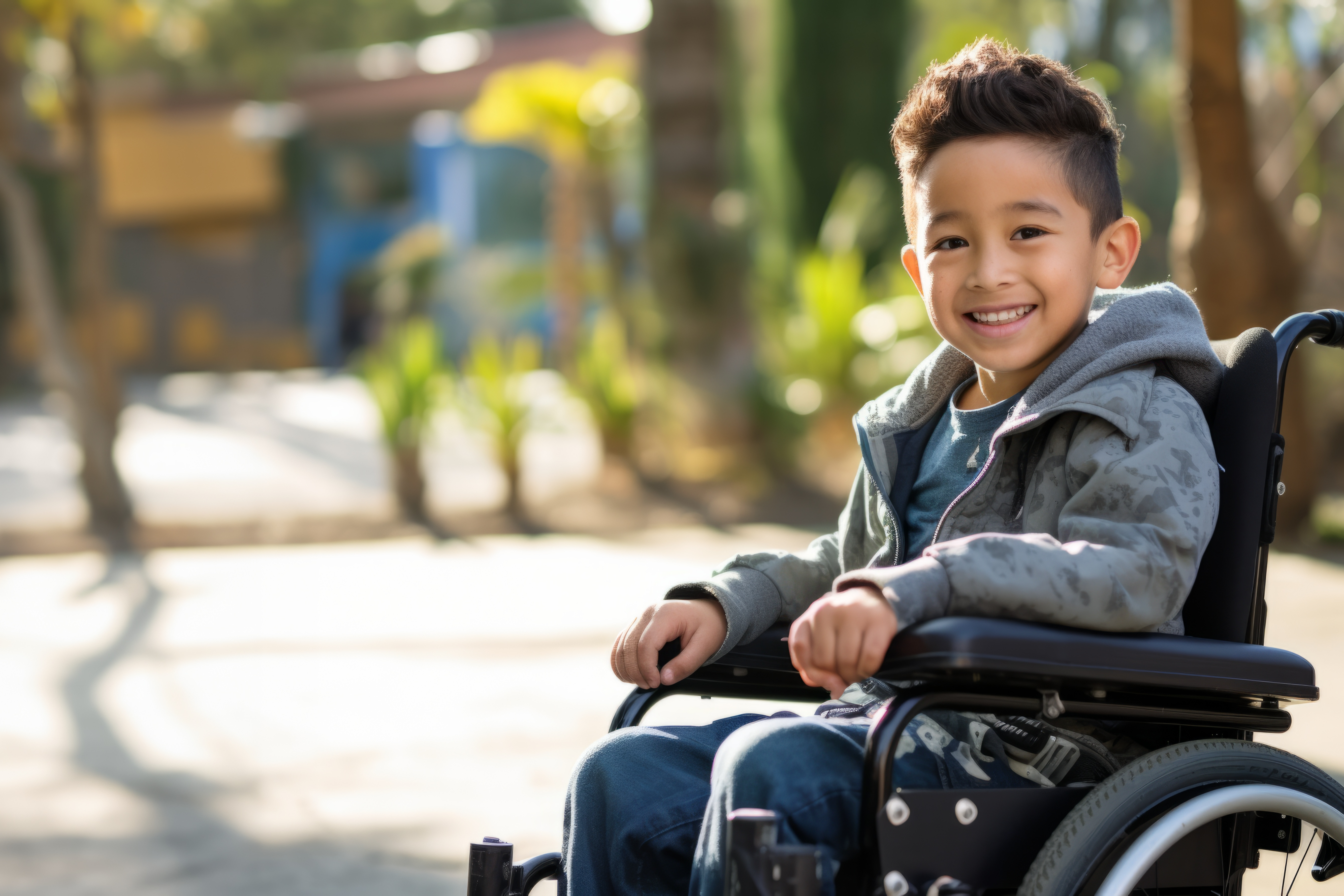 little boy in a wheelchair smiling