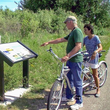 man and woman in bikes checking a map