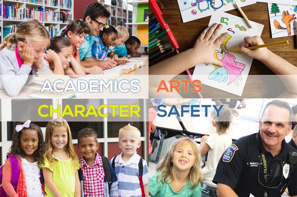 Academics - Arts - Character - Safety and 4 images with teachers, students and community from Sarasota Elementary Schools