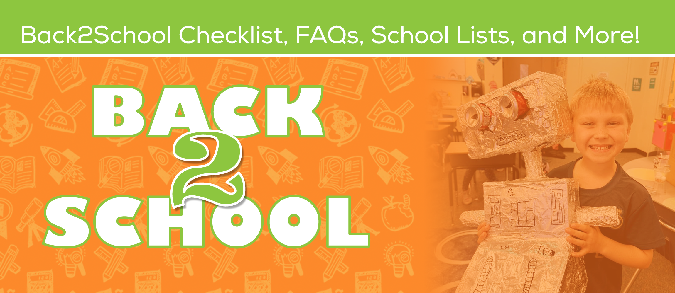 An advertisement with orange background and white text. It features a child holding a paper model of a robot.