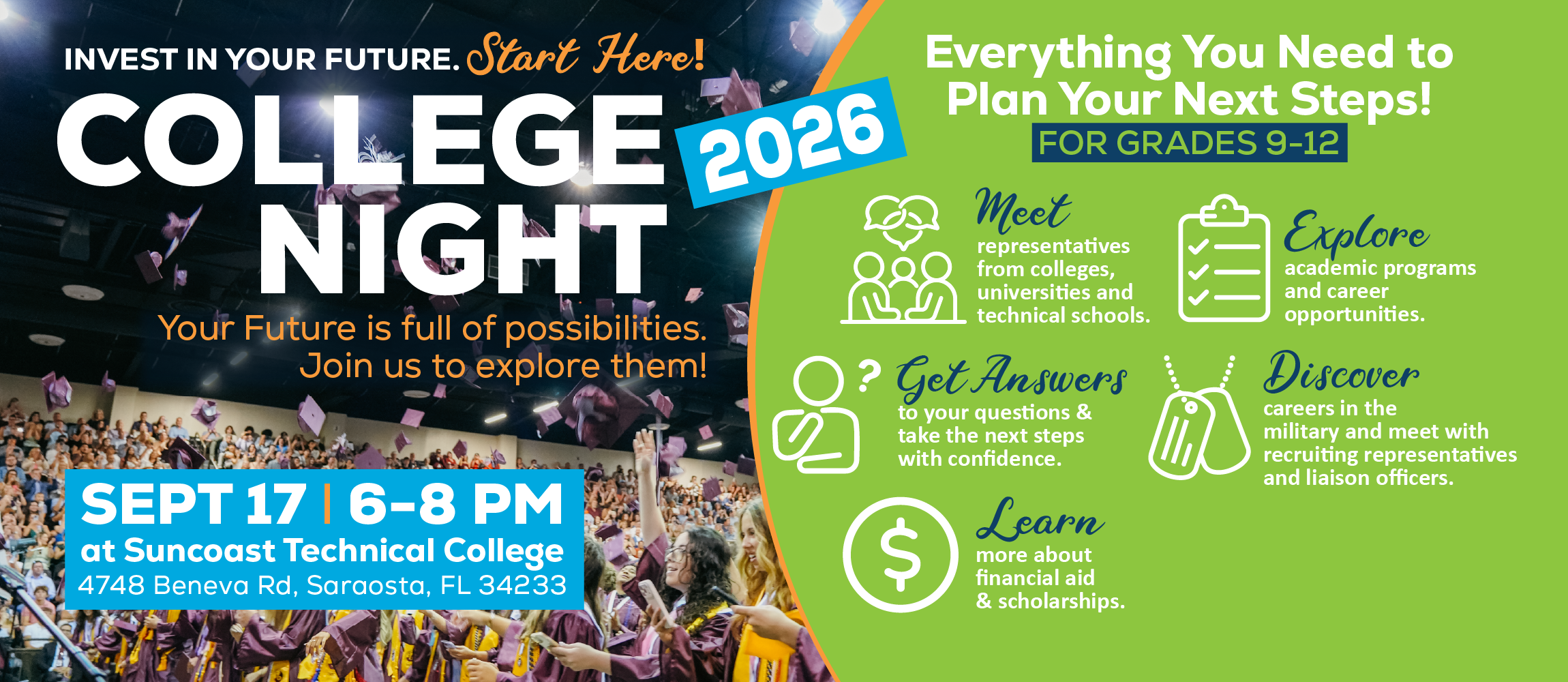 SCS College night is happpening on September 17 at Suncoast Technical College Sarasota from 6-8 PM