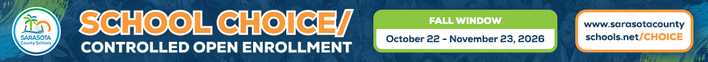 A banner with a blue background displays "School Choice/ Controlled Open Enrollment". Below it are logos and links.