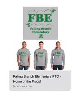 A promotional image featuring the logo of Falling Branch Elementary and three individuals wearing FBE-branded apparel, including a t-shirt and a hoodie.