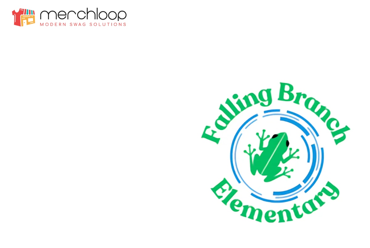 A logo featuring the text 'Falling Branch Elementary' surrounded by a circular design with a frog illustration, alongside the 'merchloop' branding in the top left corner.
