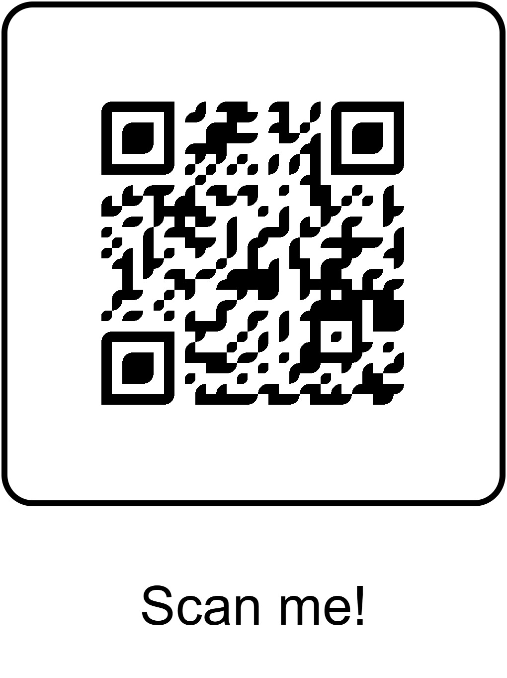 A black and white QR code with the text 'Scan me!' below it.