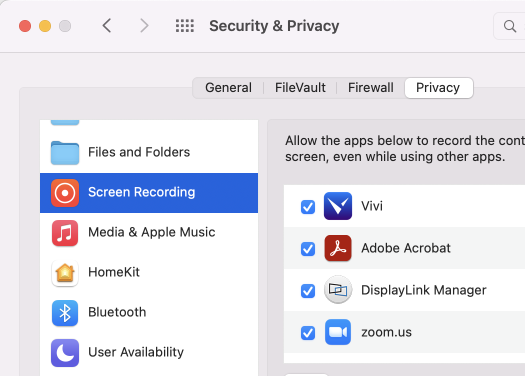 System Preferences, Privacy, Screen Recording access