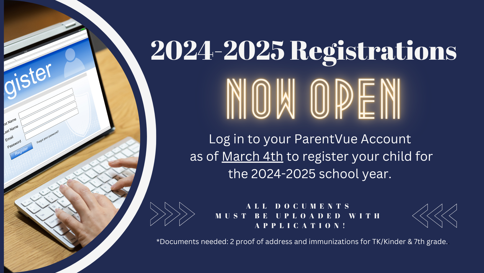 Registration for the 2024-2025 school year is now open. Log in to your ParentVue to start the process. For assitance contact the district at 760-337-6530 or by viewing help articles on our website www.hebersd.org