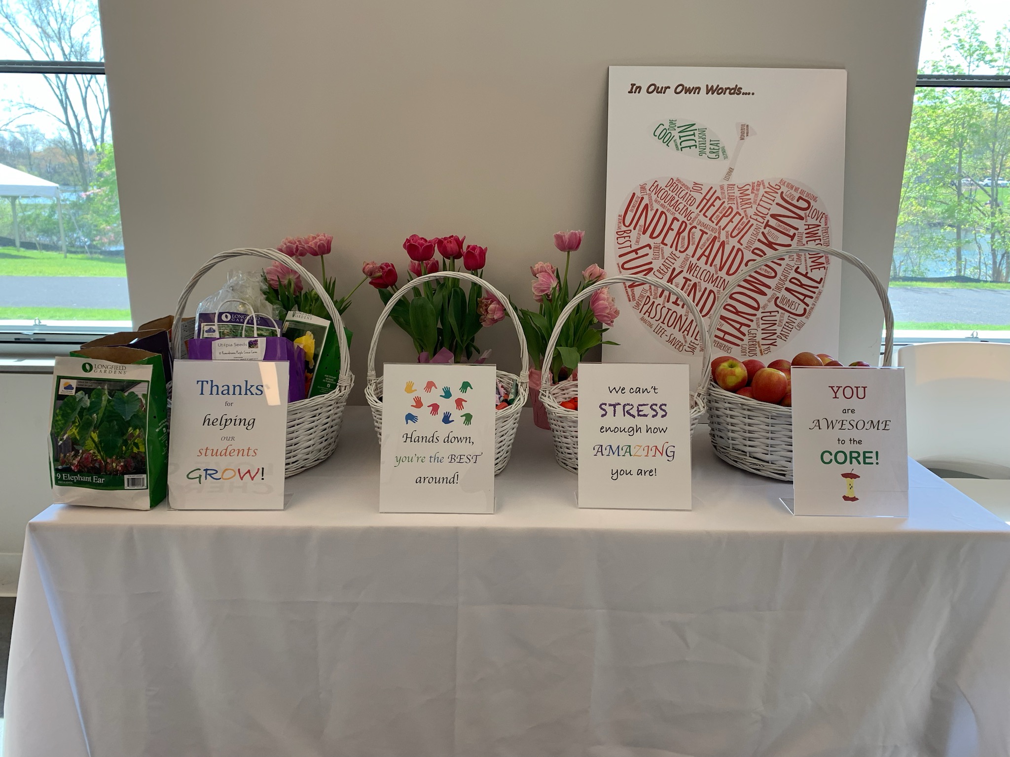 gifts displayed in a table at an event 