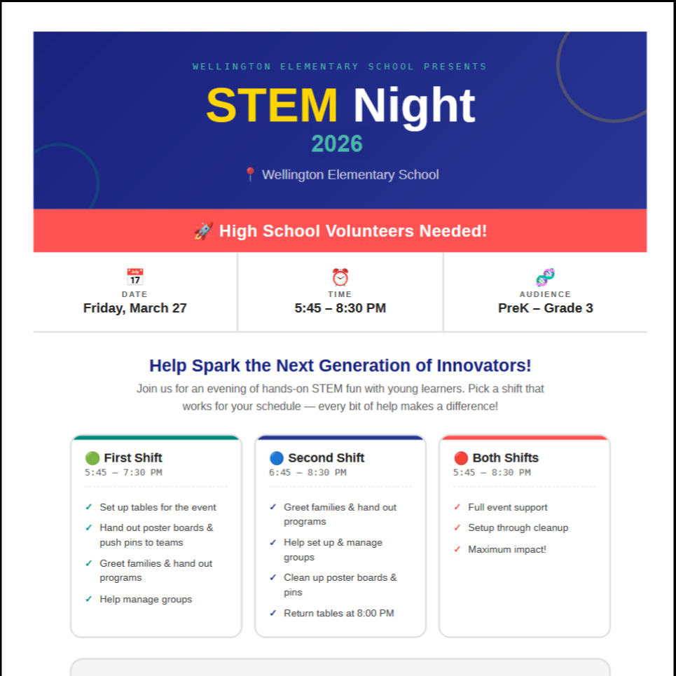 Volunteers Needed for Wellington STEM Night