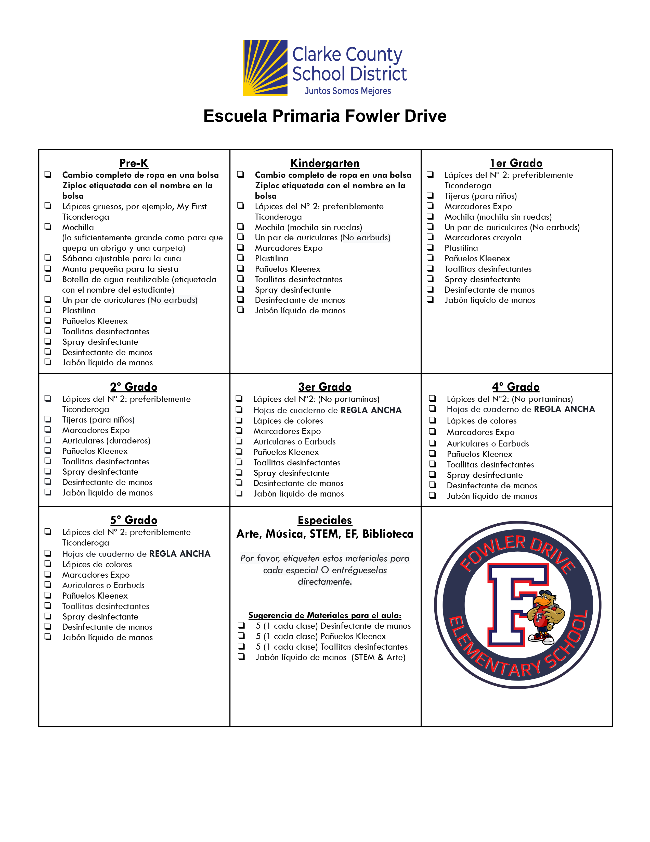 Fowler school supplies Spanish