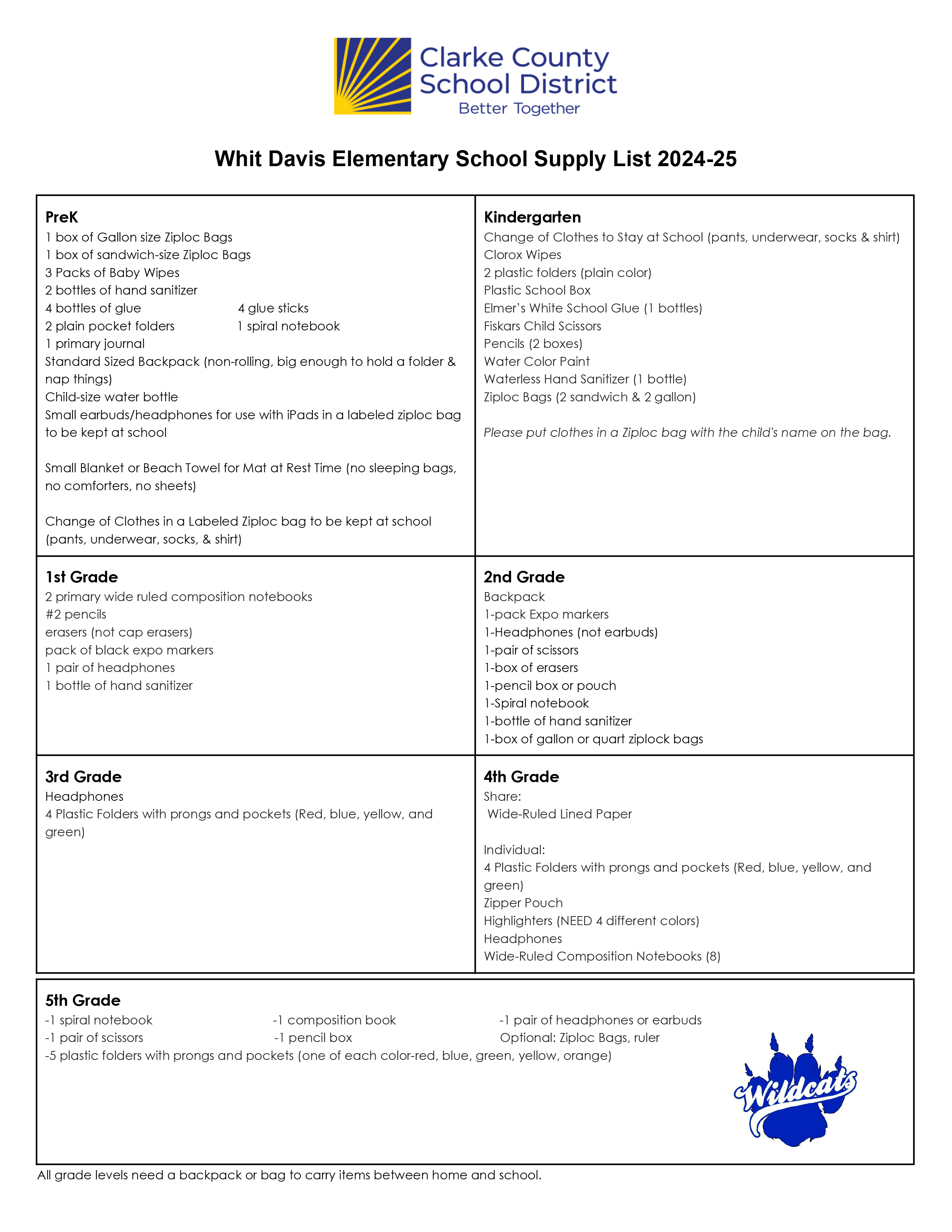 2024-25 School Supplies | Whit Davis Elementary