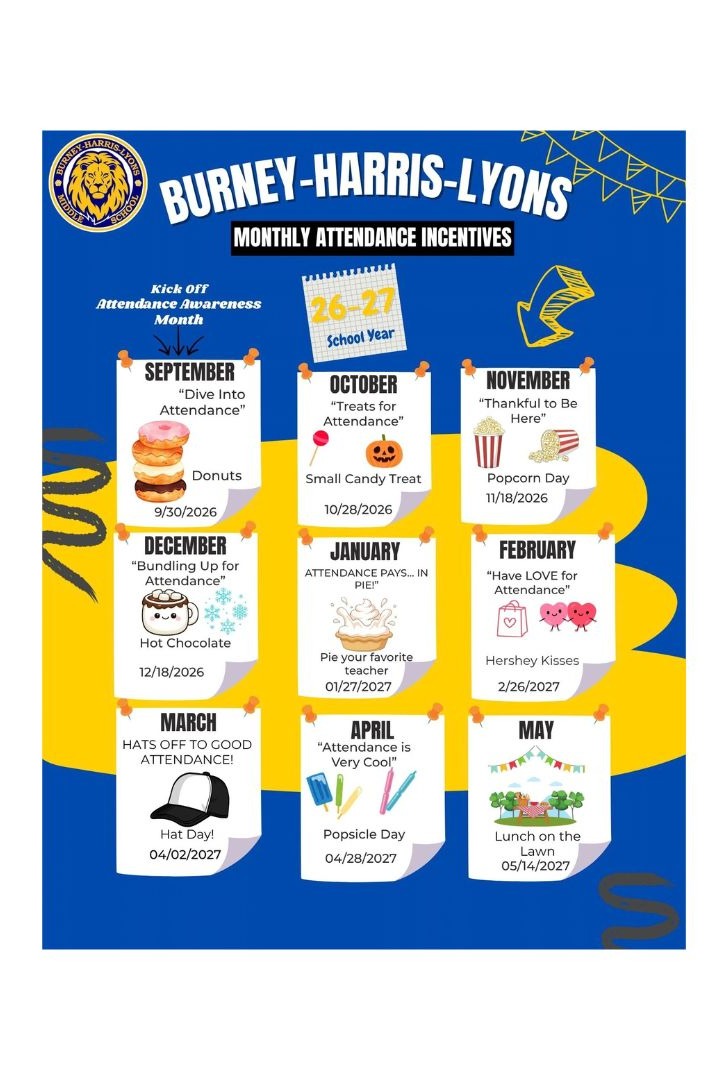 Infographic poster for the 2026–2027 school year titled "Kick Off Attendance Awareness Month" featuring monthly attendance incentives and rewards from September through May. Each month includes a theme, a reward description with an illustration, and the reward date:  Header: "Kick Off Attendance Awareness Month" above "26–27 School Year."  September: "Dive Into Attendance" – Reward: Donuts on 9/30/2026.  October: "Treats for Attendance" – Reward: Small Candy Treat on 10/28/2026.  November: "Thankful to Be Here" – Reward: Popcorn Day on 11/18/2026.  December: "Bundling Up for Attendance" – Reward: Hot Chocolate on 12/18/2026.  January: "ATTENDANCE PAYS... IN PIE!" – Reward: Pie your favorite teacher on 01/27/2027.  February: "Have LOVE for Attendance" – Reward: Hershey Kisses on 2/26/2027.  March: "HATS OFF TO GOOD ATTENDANCE!" – Reward: Hat Day! on 04/02/2027.  April: "Attendance is Very Cool" – Reward: Popsicle Day on 04/28/2027.  May: Theme unnamed – Reward: Lunch on the Lawn on 05/14/2027.