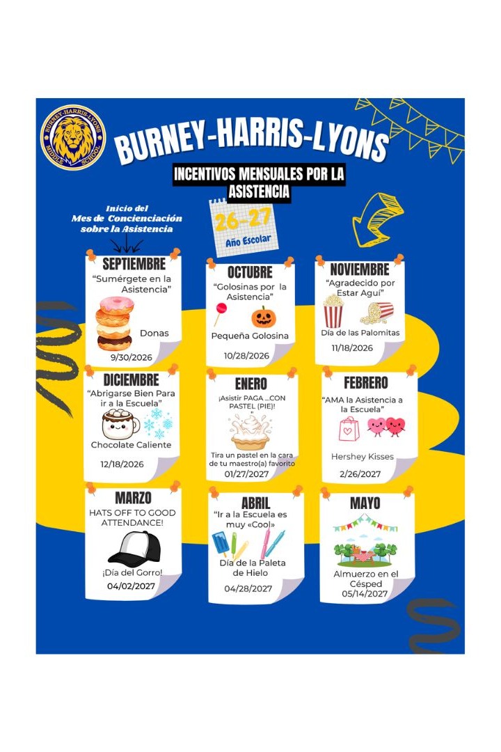 Infographic poster for the 2026–2027 school year titled "Kick Off Attendance Awareness Month" featuring monthly attendance incentives and rewards from September through May. Each month includes a theme, a reward description with an illustration, and the reward date:  Header: "Kick Off Attendance Awareness Month" above "26–27 School Year."  September: "Dive Into Attendance" – Reward: Donuts on 9/30/2026.  October: "Treats for Attendance" – Reward: Small Candy Treat on 10/28/2026.  November: "Thankful to Be Here" – Reward: Popcorn Day on 11/18/2026.  December: "Bundling Up for Attendance" – Reward: Hot Chocolate on 12/18/2026.  January: "ATTENDANCE PAYS... IN PIE!" – Reward: Pie your favorite teacher on 01/27/2027.  February: "Have LOVE for Attendance" – Reward: Hershey Kisses on 2/26/2027.  March: "HATS OFF TO GOOD ATTENDANCE!" – Reward: Hat Day! on 04/02/2027.  April: "Attendance is Very Cool" – Reward: Popsicle Day on 04/28/2027.  May: Theme unnamed – Reward: Lunch on the Lawn on 05/14/2027.