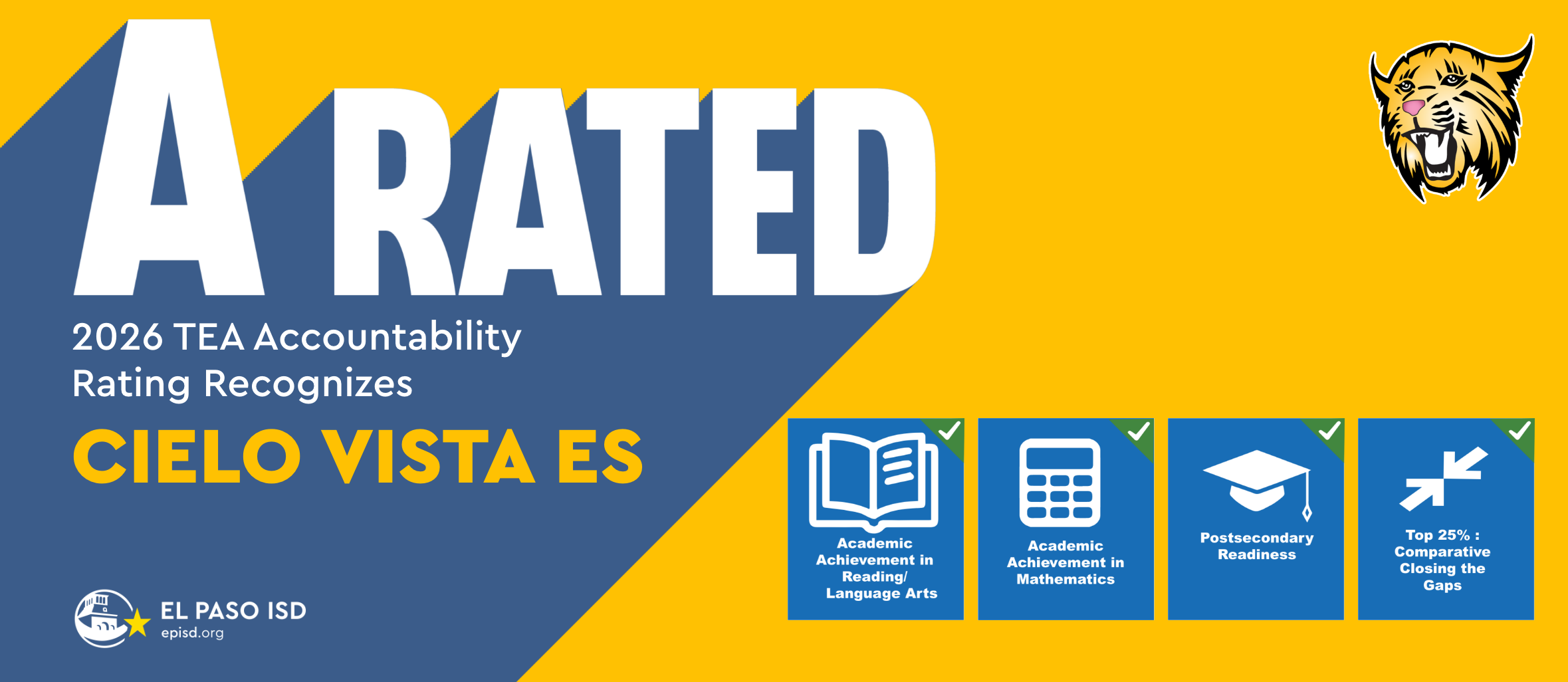 Banner with yellow and blue background shows "A Rated" with logos and icons including a cat, books, and graduation caps.