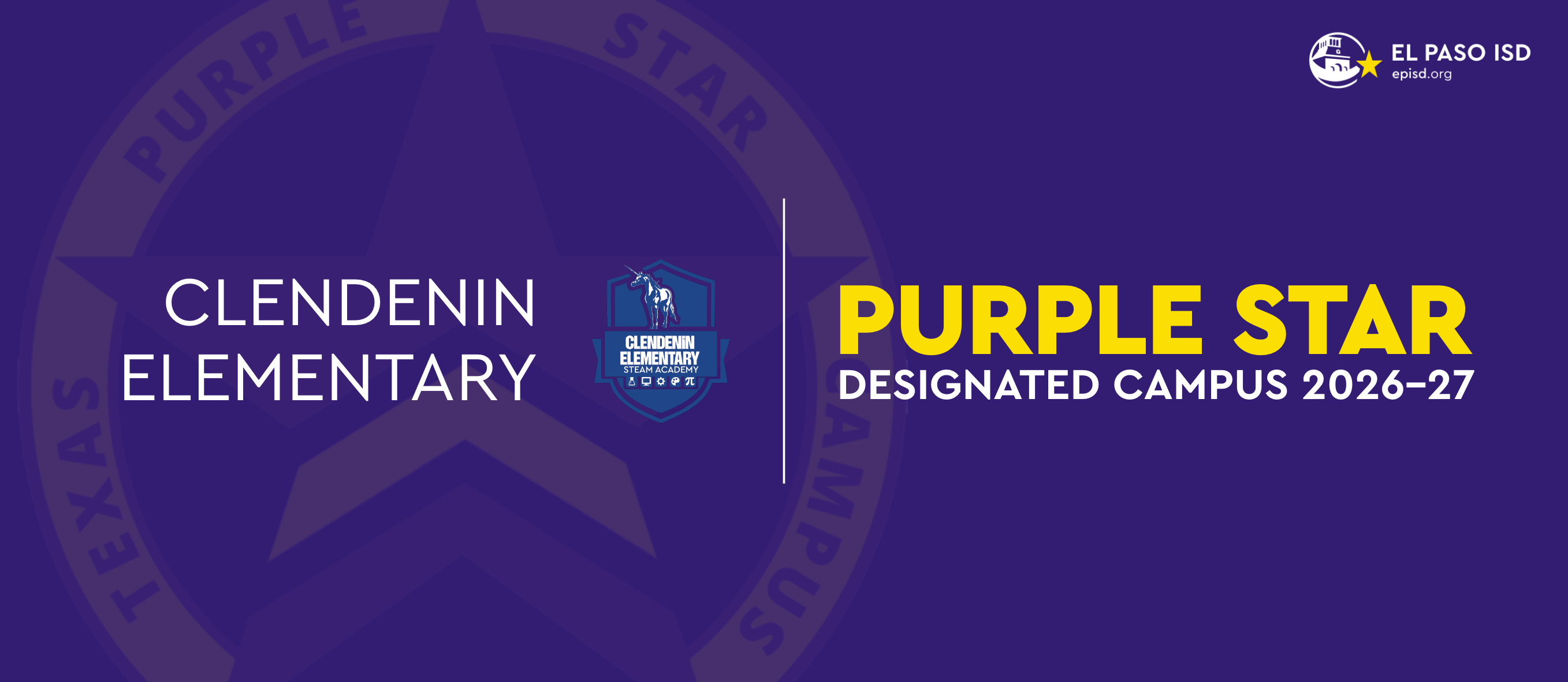 Purple background with a star design. "Clendenin Elementary" and "Purple Star Designated Campus 2026-27" text in bold. Logos on left and right.