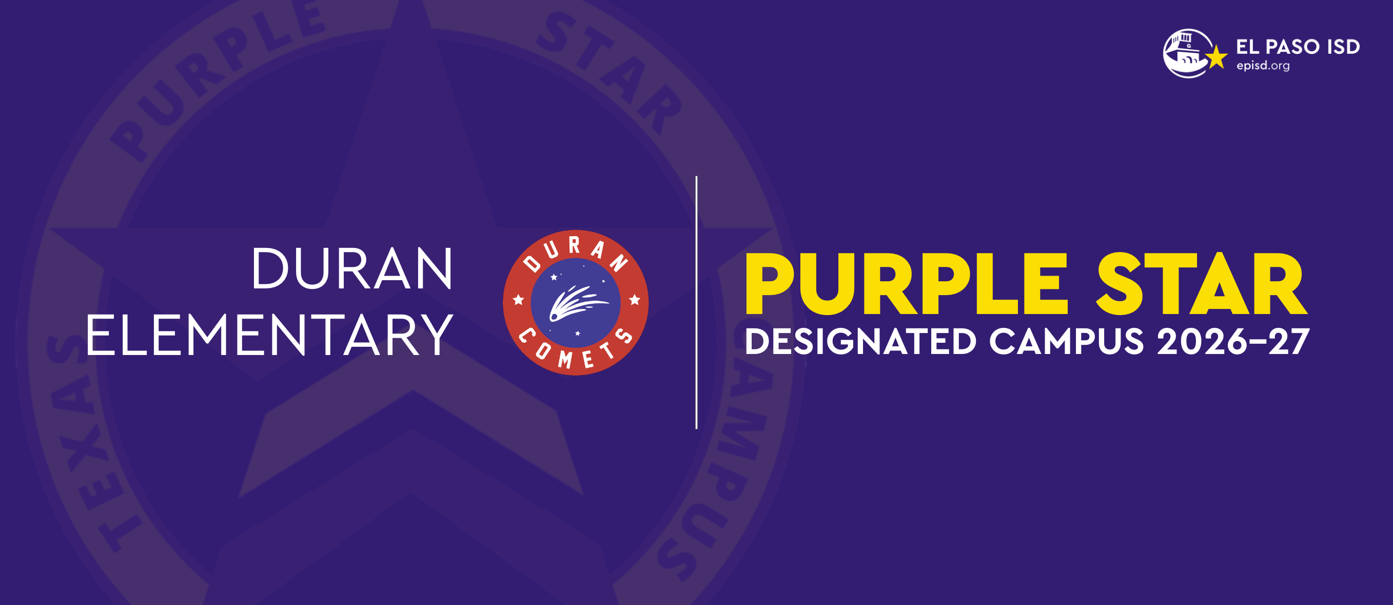 A blue background displays Duran Elementary logo with star design and the Purple Star Designated Campus 2026-27 logo.