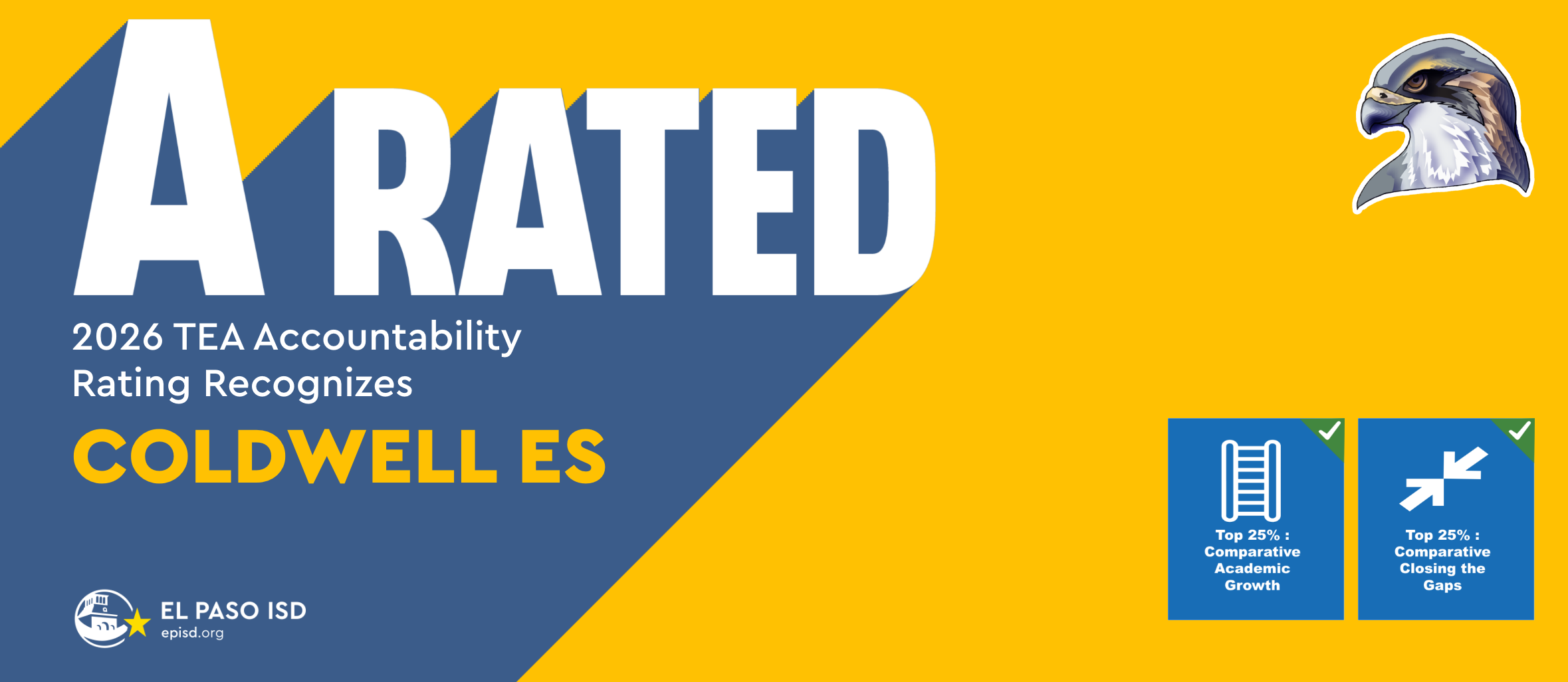 Blue and yellow background with a "A Rated" text. Logos for TEA Accountability, El Paso ISD, and a school mascot.