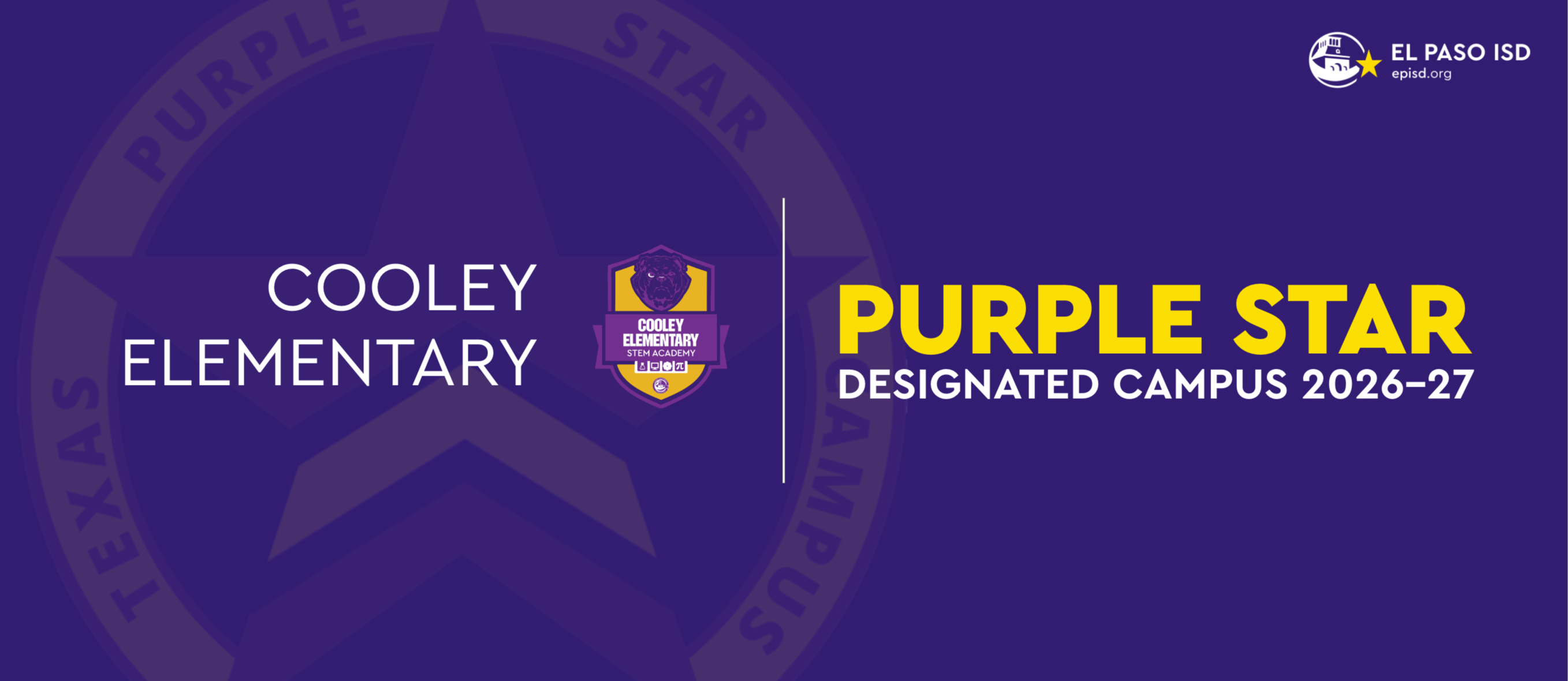 Purple background with text. Logos for "Cooley Elementary" and "Purple Star Designated Campus 2026-27" displayed.