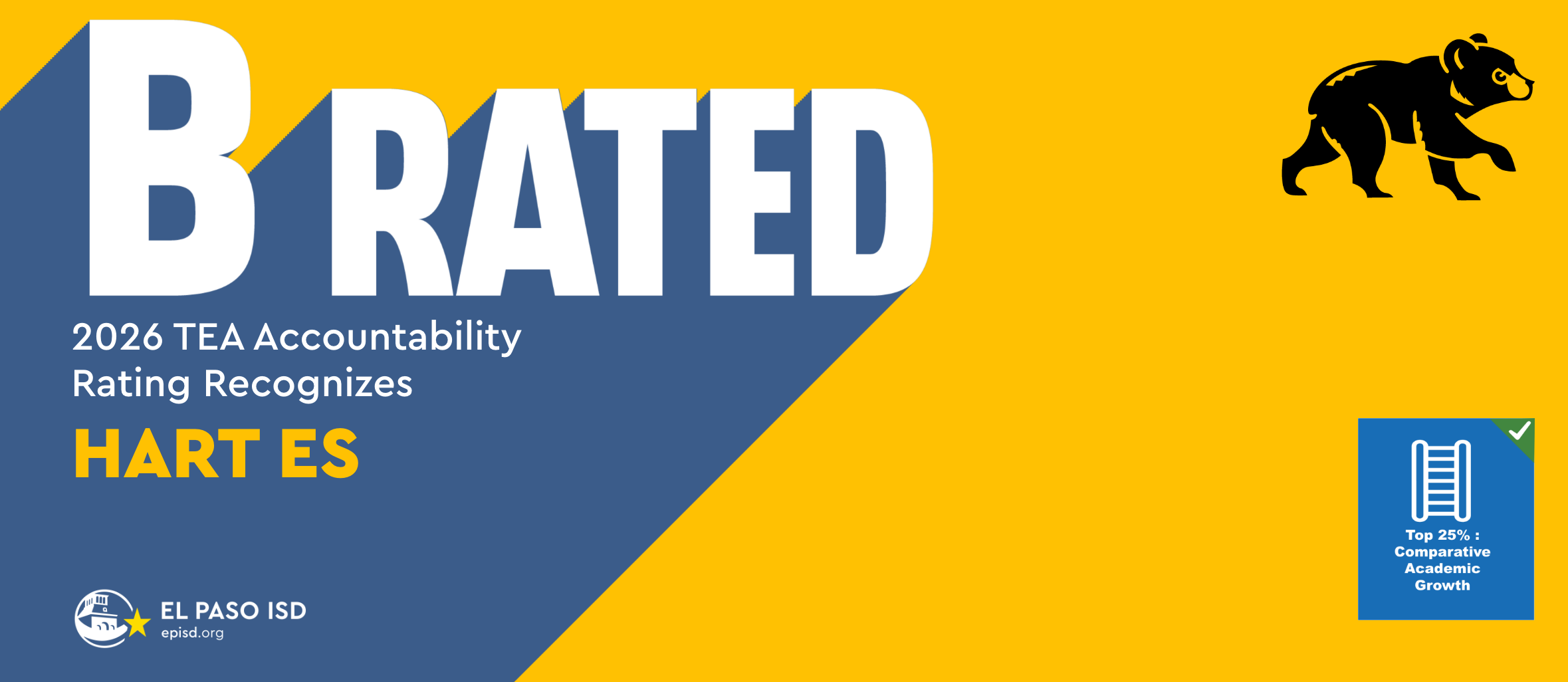 An advertisement with blue and yellow background. "B RATED" in white. "2025 TEA Accountability Rating Recognizes HART ES" and a black bear.