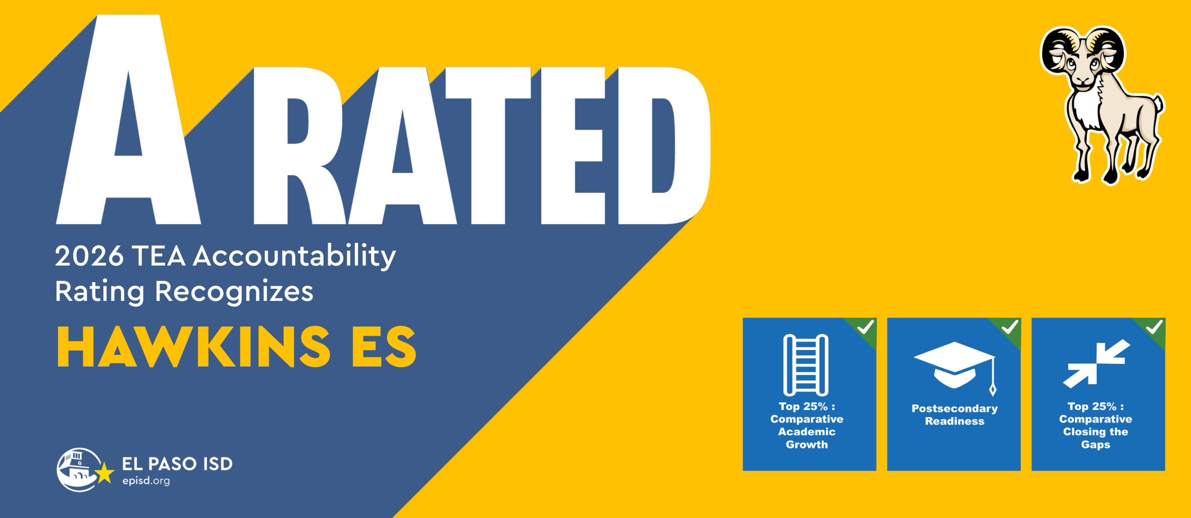 Bright yellow background with blue accents and logos. Text "A RATED" in white with "2025 TEA Accountability Rating Recognizes HAWKINS ES". Logos include a ram, El Paso ISD, and others.