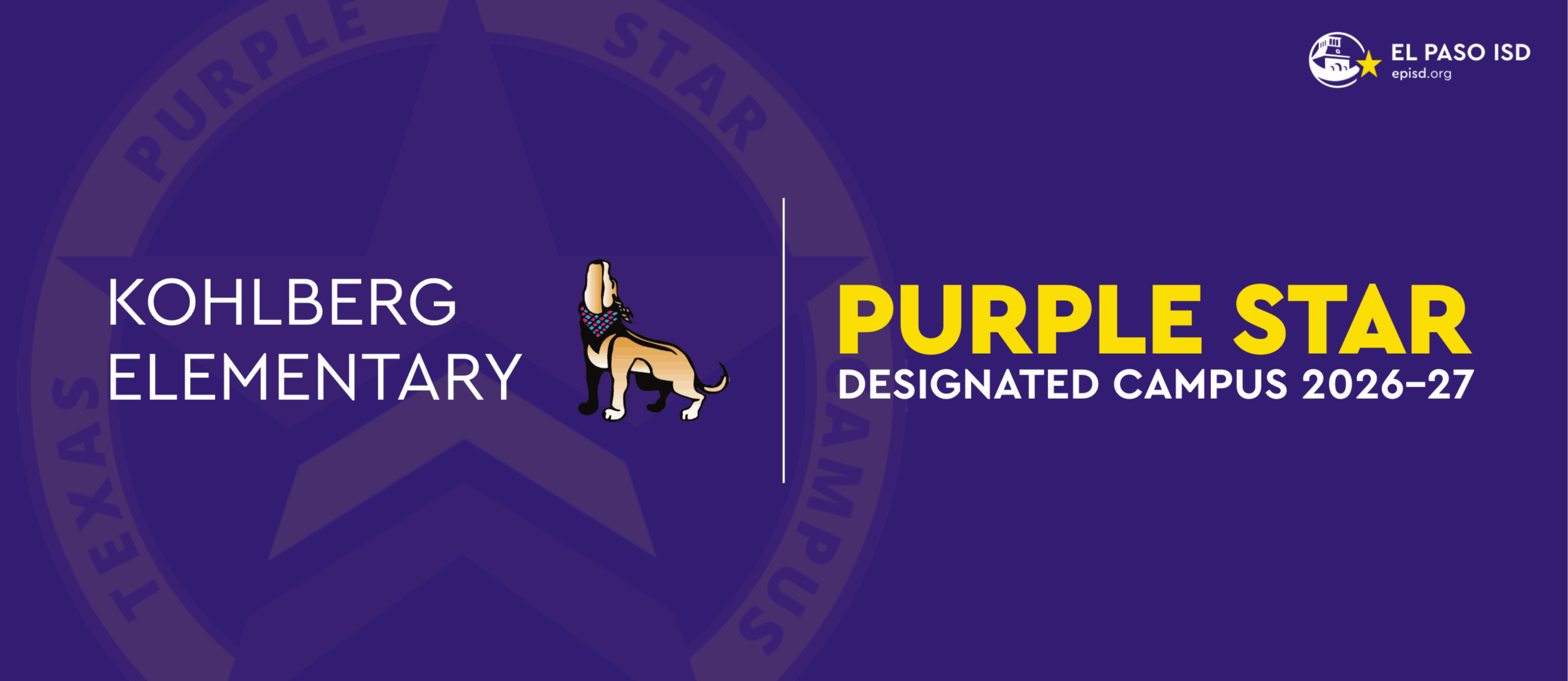 Purple backdrop with a star logo and text. "Kohlberg Elementary" and "Purple Star Designated Campus 2026-27" are featured.