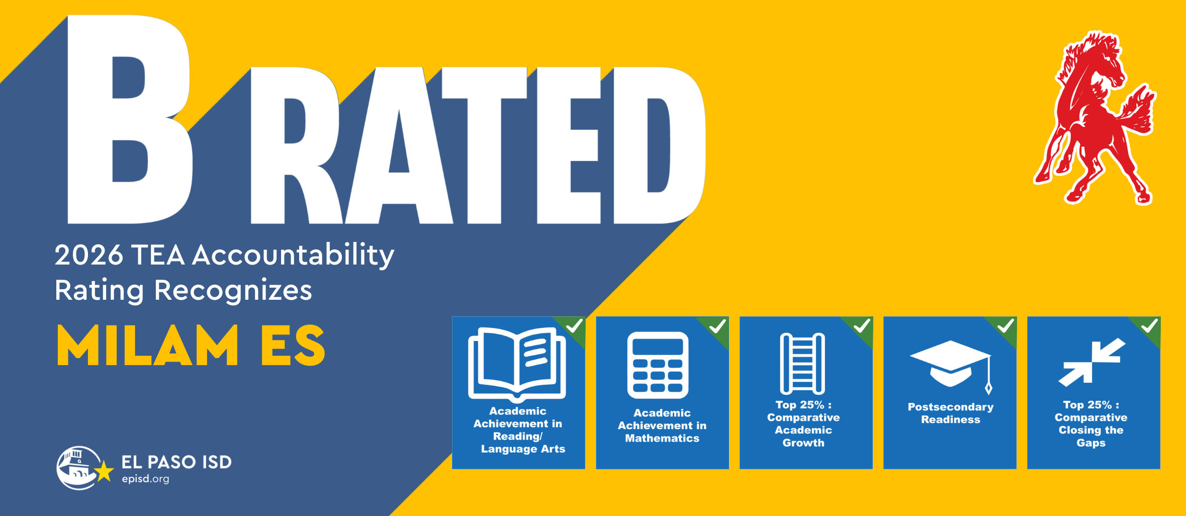 A banner features "B Rated" with a red bull, recognizing Milam ES. Logos include a book, calculator, ladder, graduation cap, and "EL PASO ISD".
